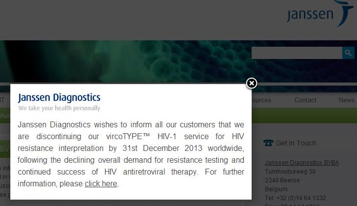 Announcing the end of vircoTYPE resistance testing on Janssen DIagnostic's website.